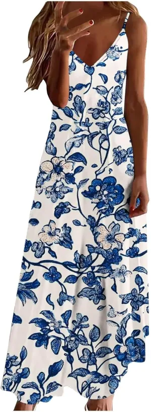 Summer Dresses for Women 2025 Casual Loose V Neck Halter Tank Long Dress Flowy Floral Boho Beach Maxi Sundresses