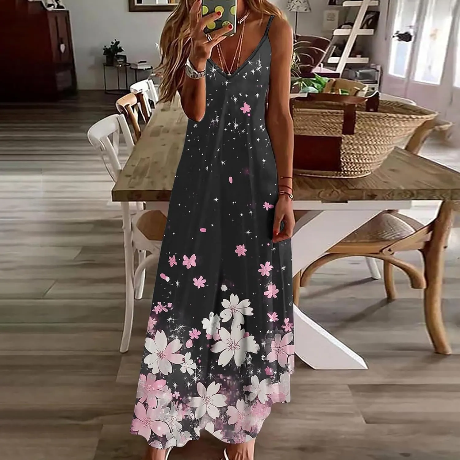 Summer Dresses for Women 2025 Casual Loose V Neck Halter Tank Long Dress Flowy Floral Boho Beach Maxi Sundresses