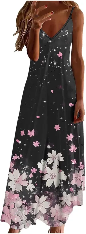 Summer Dresses for Women 2025 Casual Loose V Neck Halter Tank Long Dress Flowy Floral Boho Beach Maxi Sundresses