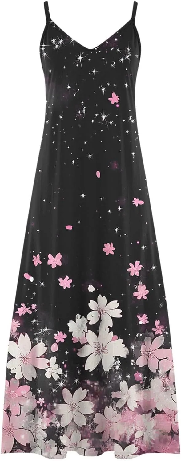 Summer Dresses for Women 2025 Casual Loose V Neck Halter Tank Long Dress Flowy Floral Boho Beach Maxi Sundresses