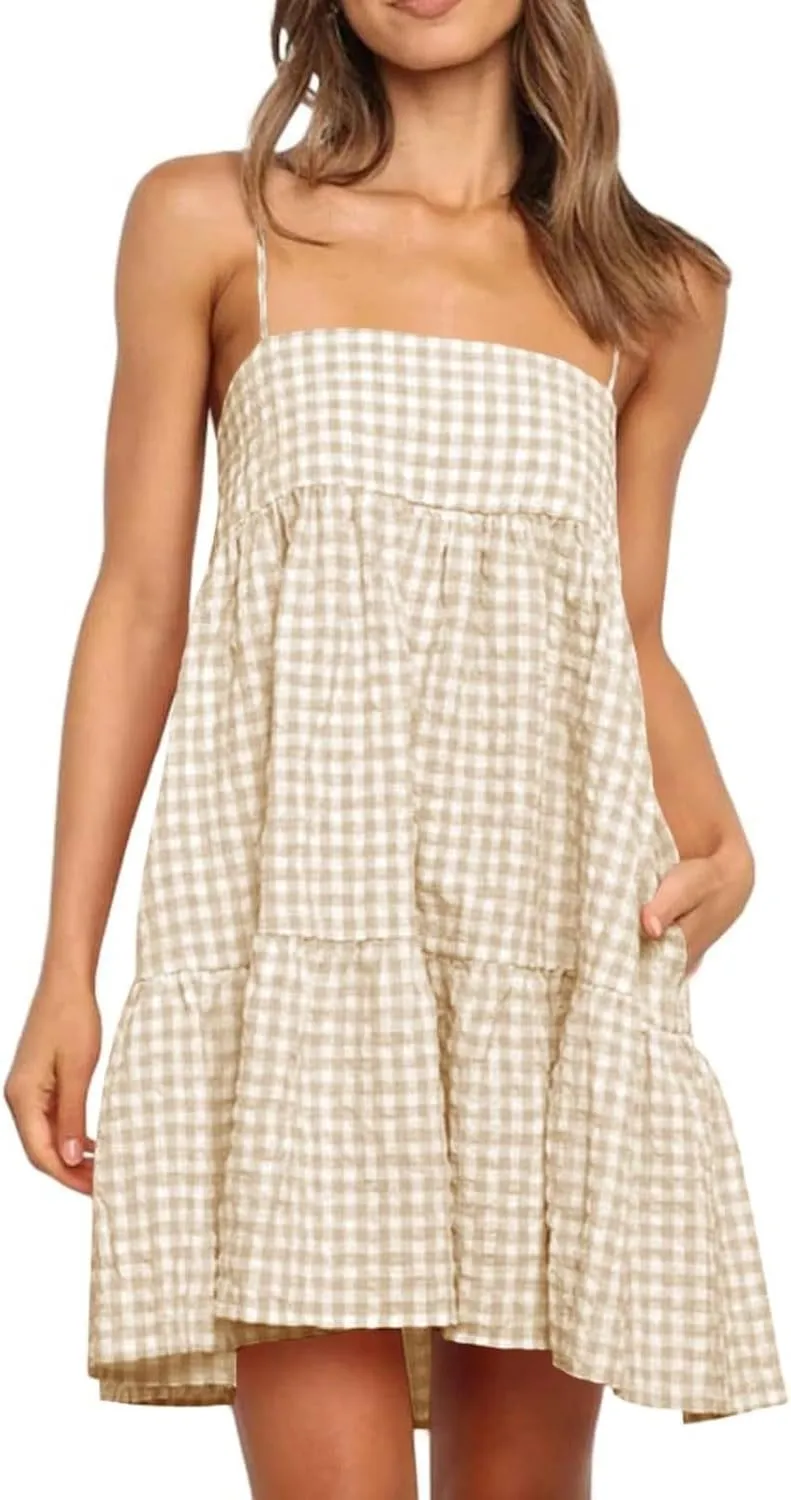 Summer Dresses for Women 2025 Casual Spaghetti Strap Ruffle Mini Dress Vacation Beach A Line Sundresses with Pockets