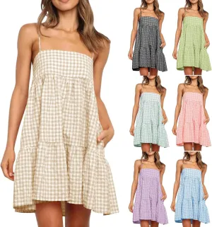 Summer Dresses for Women 2025 Casual Spaghetti Strap Ruffle Mini Dress Vacation Beach A Line Sundresses with Pockets