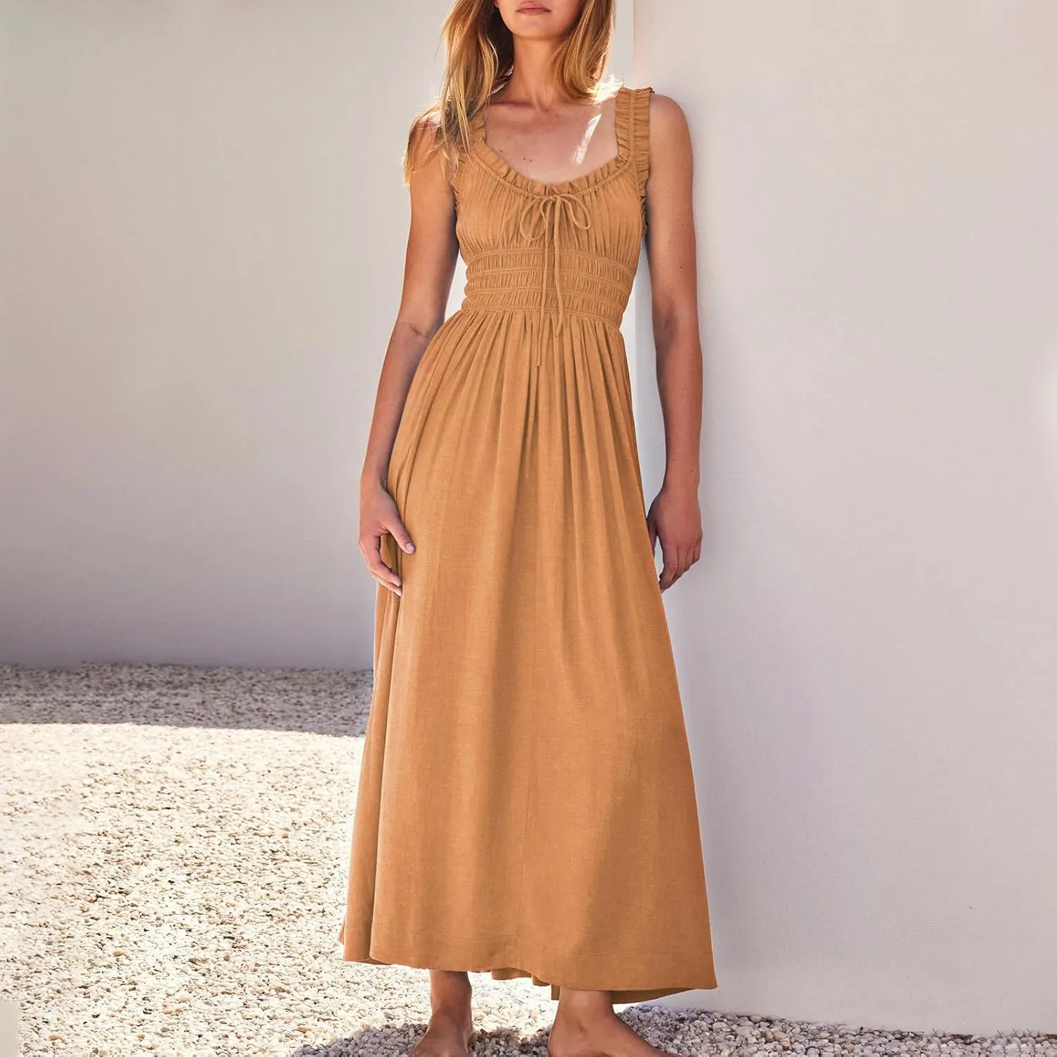 Summer Dresses for Women 2025 Dressy Wedding Sleeveless Pleated Long Dress Loose Front Tie Maxi Sun Dresses