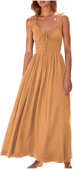 Summer Dresses for Women 2025 Dressy Wedding Sleeveless Pleated Long Dress Loose Front Tie Maxi Sun Dresses