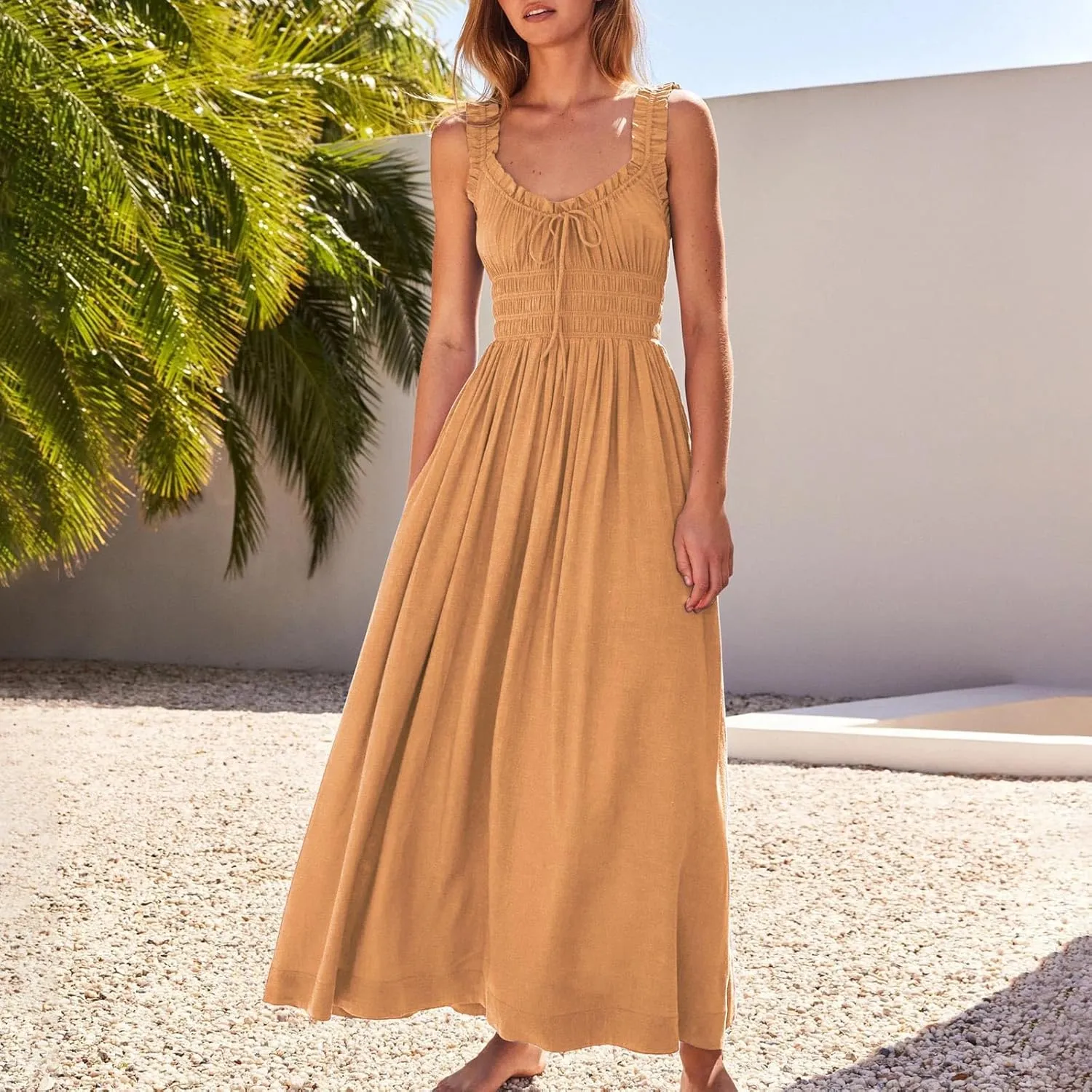 Summer Dresses for Women 2025 Dressy Wedding Sleeveless Pleated Long Dress Loose Front Tie Maxi Sun Dresses