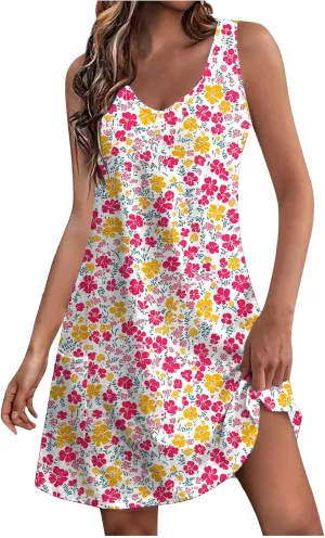 Summer Dresses for Women 2025 Loose V Neck Sleeveless Short Dress Casual Floral Boho Beach Sundresses with Pockets