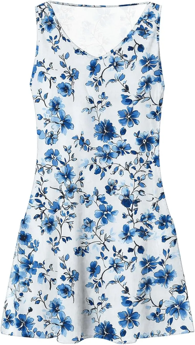 Summer Dresses for Women 2025 Loose V Neck Sleeveless Short Dress Casual Floral Boho Beach Sundresses with Pockets