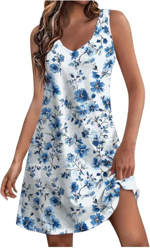 Summer Dresses for Women 2025 Loose V Neck Sleeveless Short Dress Casual Floral Boho Beach Sundresses with Pockets