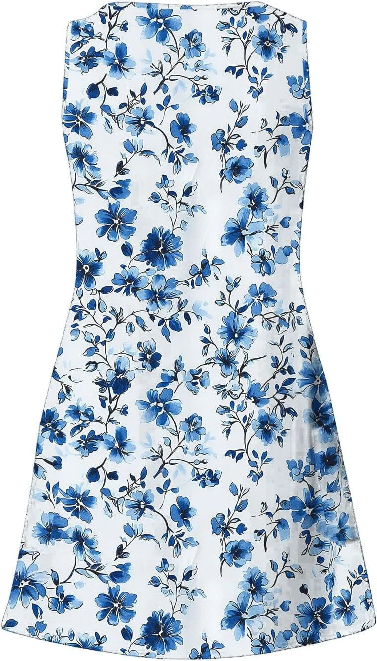 Summer Dresses for Women 2025 Loose V Neck Sleeveless Short Dress Casual Floral Boho Beach Sundresses with Pockets