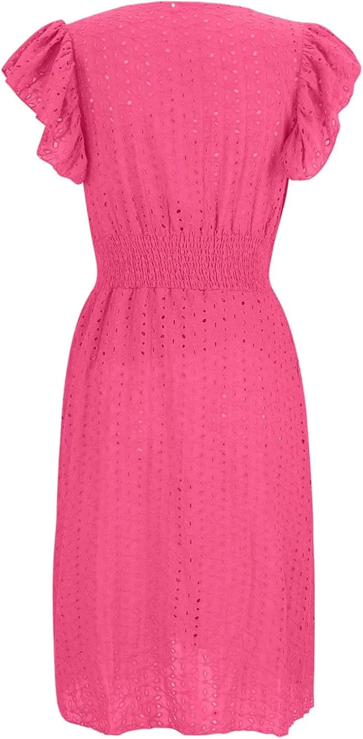 Summer Dresses for Women 2025 Puff V Neck Sleeveless Eyelet Dress Casual Loose Embroidered Wrap Dress Midi Sundress
