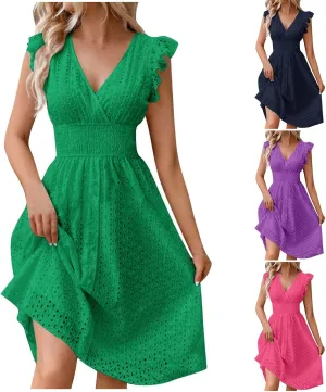 Summer Dresses for Women 2025 Puff V Neck Sleeveless Eyelet Dress Casual Loose Embroidered Wrap Dress Midi Sundress