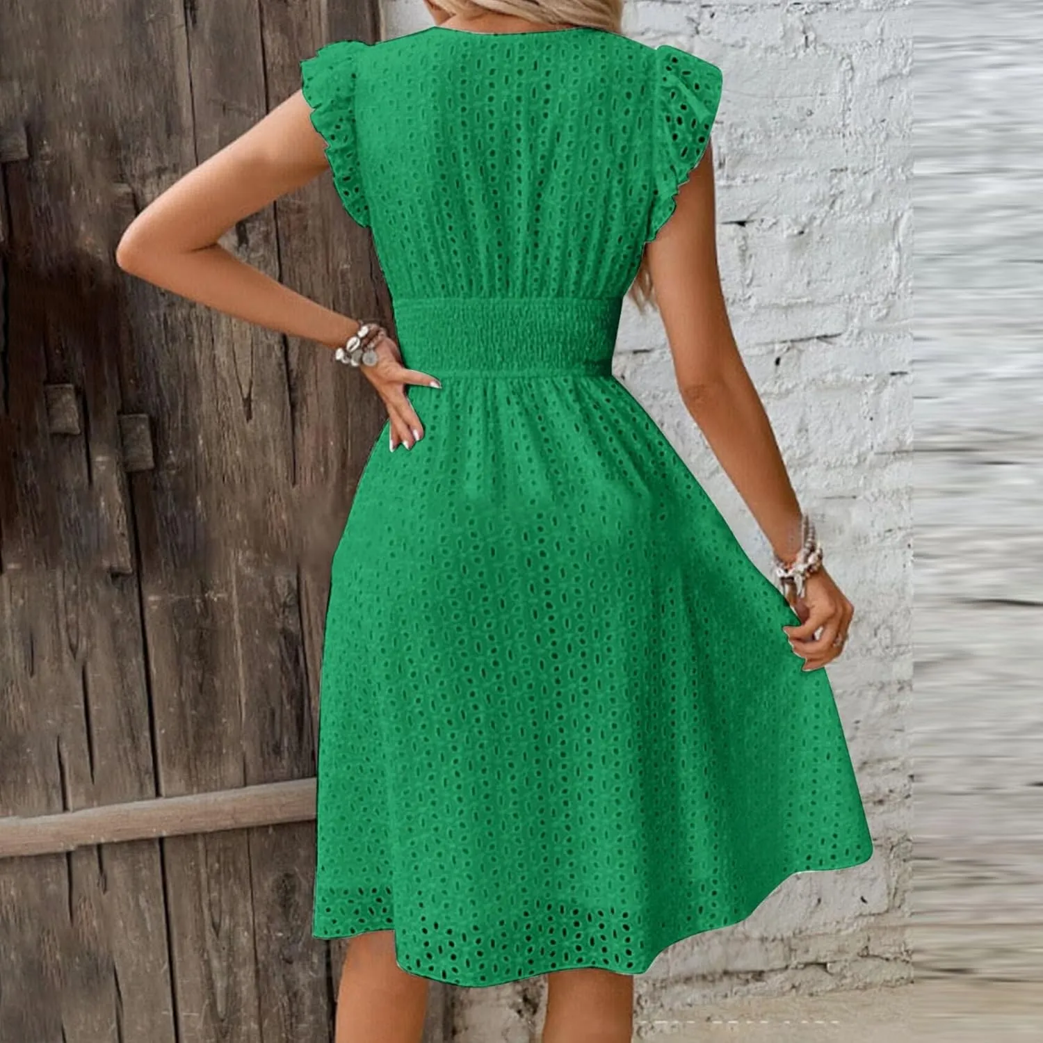 Summer Dresses for Women 2025 Puff V Neck Sleeveless Eyelet Dress Casual Loose Embroidered Wrap Dress Midi Sundress