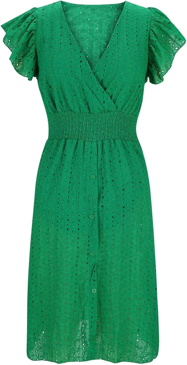 Summer Dresses for Women 2025 Puff V Neck Sleeveless Eyelet Dress Casual Loose Embroidered Wrap Dress Midi Sundress