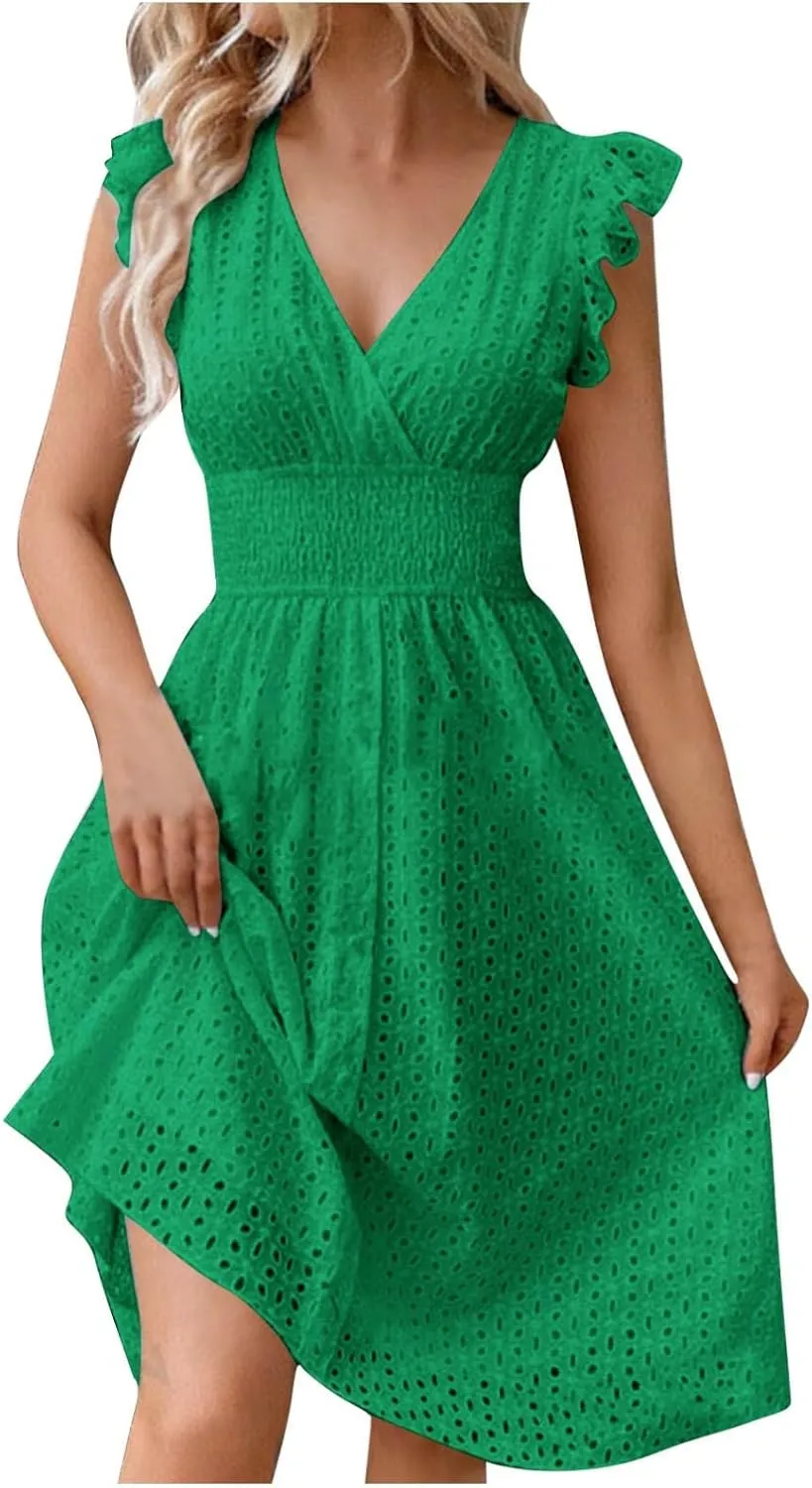 Summer Dresses for Women 2025 Puff V Neck Sleeveless Eyelet Dress Casual Loose Embroidered Wrap Dress Midi Sundress