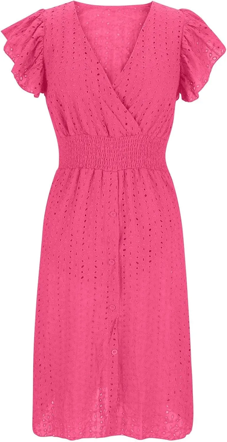 Summer Dresses for Women 2025 Puff V Neck Sleeveless Eyelet Dress Casual Loose Embroidered Wrap Dress Midi Sundress