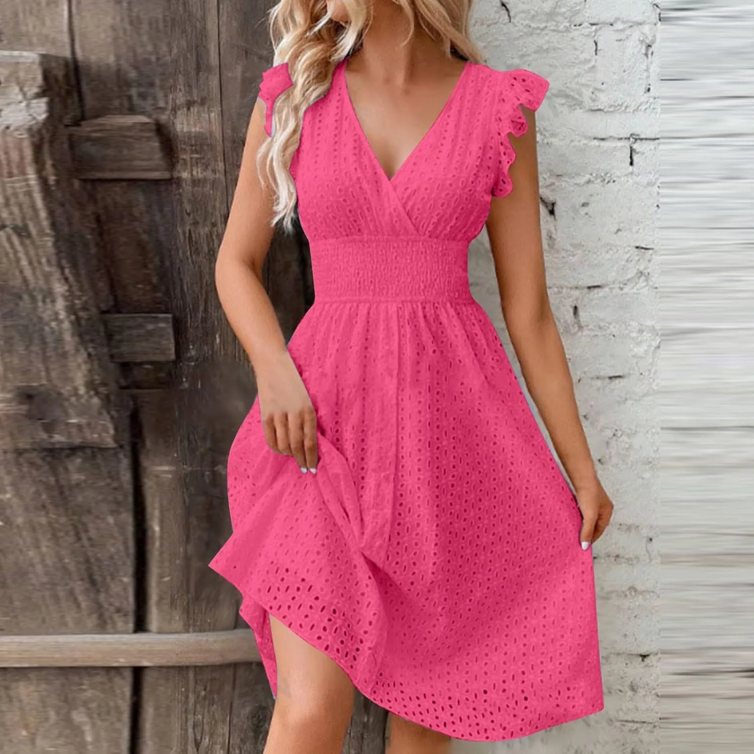 Summer Dresses for Women 2025 Puff V Neck Sleeveless Eyelet Dress Casual Loose Embroidered Wrap Dress Midi Sundress