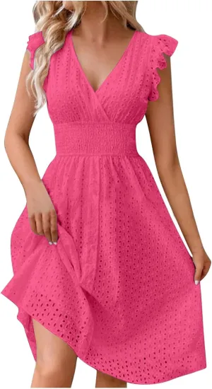 Summer Dresses for Women 2025 Puff V Neck Sleeveless Eyelet Dress Casual Loose Embroidered Wrap Dress Midi Sundress