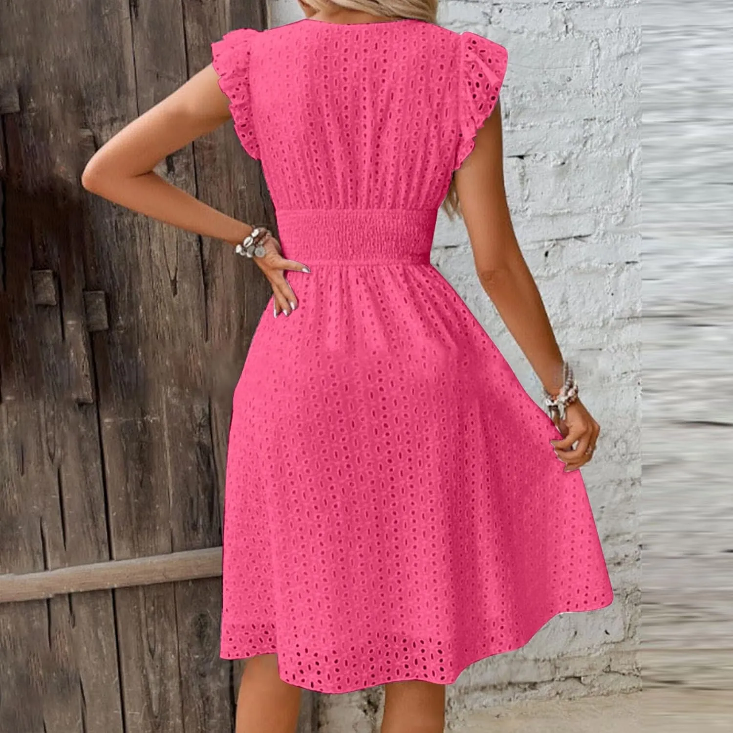 Summer Dresses for Women 2025 Puff V Neck Sleeveless Eyelet Dress Casual Loose Embroidered Wrap Dress Midi Sundress