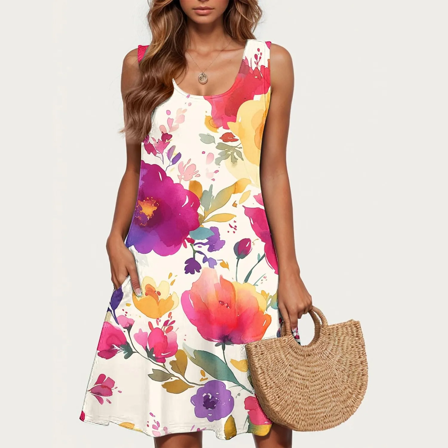 Summer Dresses for Women 2025 Short Crewneck Sleeveless Sundresses Casual Vacation Floral Boho Beach Dress Cover Up