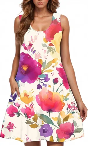 Summer Dresses for Women 2025 Short Crewneck Sleeveless Sundresses Casual Vacation Floral Boho Beach Dress Cover Up