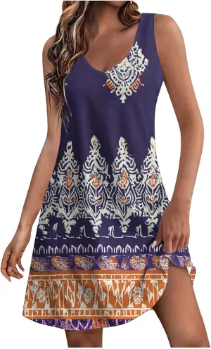 Summer Dresses for Women 2025 Short Vacation Boho Floral Sun Dress Casual Loose V Neck Sleeveless Tank Dress