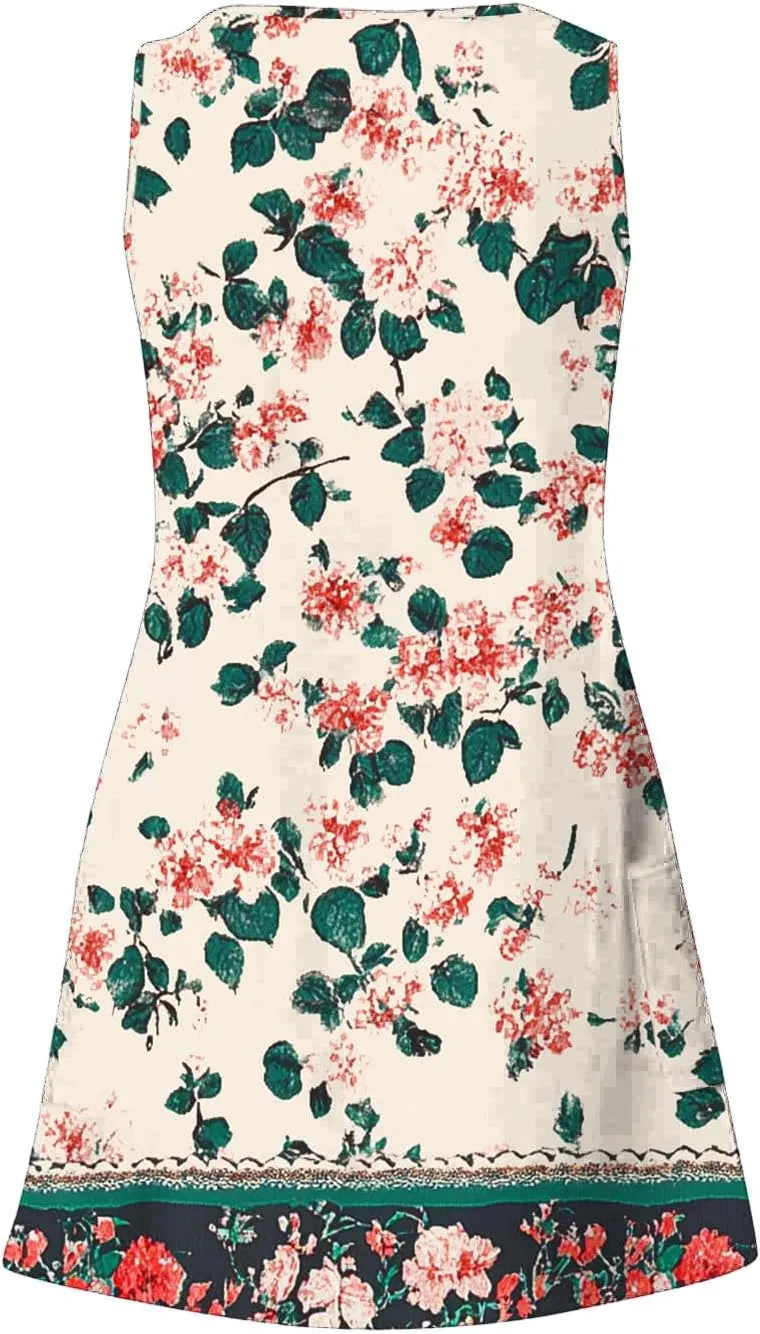 Summer Dresses for Women 2025 Short Vacation Boho Floral Sun Dress Casual Loose V Neck Sleeveless Tank Dress