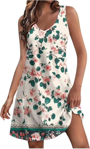 Summer Dresses for Women 2025 Short Vacation Boho Floral Sun Dress Casual Loose V Neck Sleeveless Tank Dress