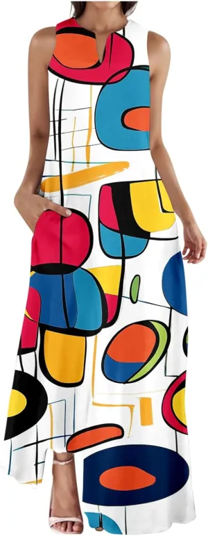 Summer Dresses for Women 2025 Vacation Crewneck Sleeveless Sundresses Casual Loose Flowy Floral Boho Beach Long Dress