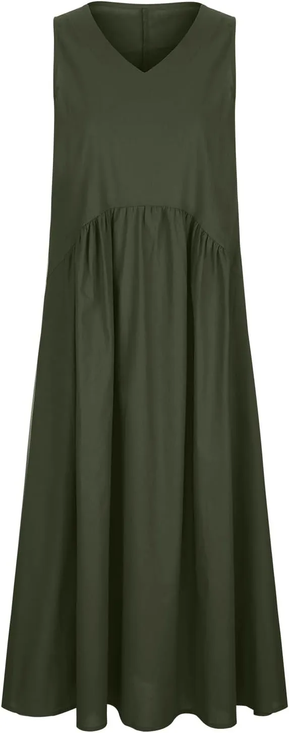 Sundresses for Women 2025 Summer Trendy V Neck Sleeveless Tank Dress Full Length Casual Long Maxi Linen Dress