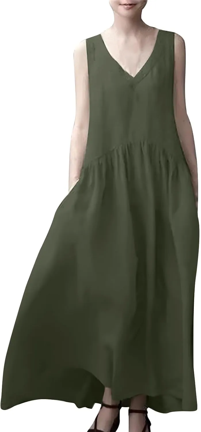 Sundresses for Women 2025 Summer Trendy V Neck Sleeveless Tank Dress Full Length Casual Long Maxi Linen Dress
