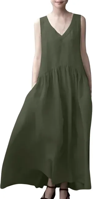 Sundresses for Women 2025 Summer Trendy V Neck Sleeveless Tank Dress Full Length Casual Long Maxi Linen Dress