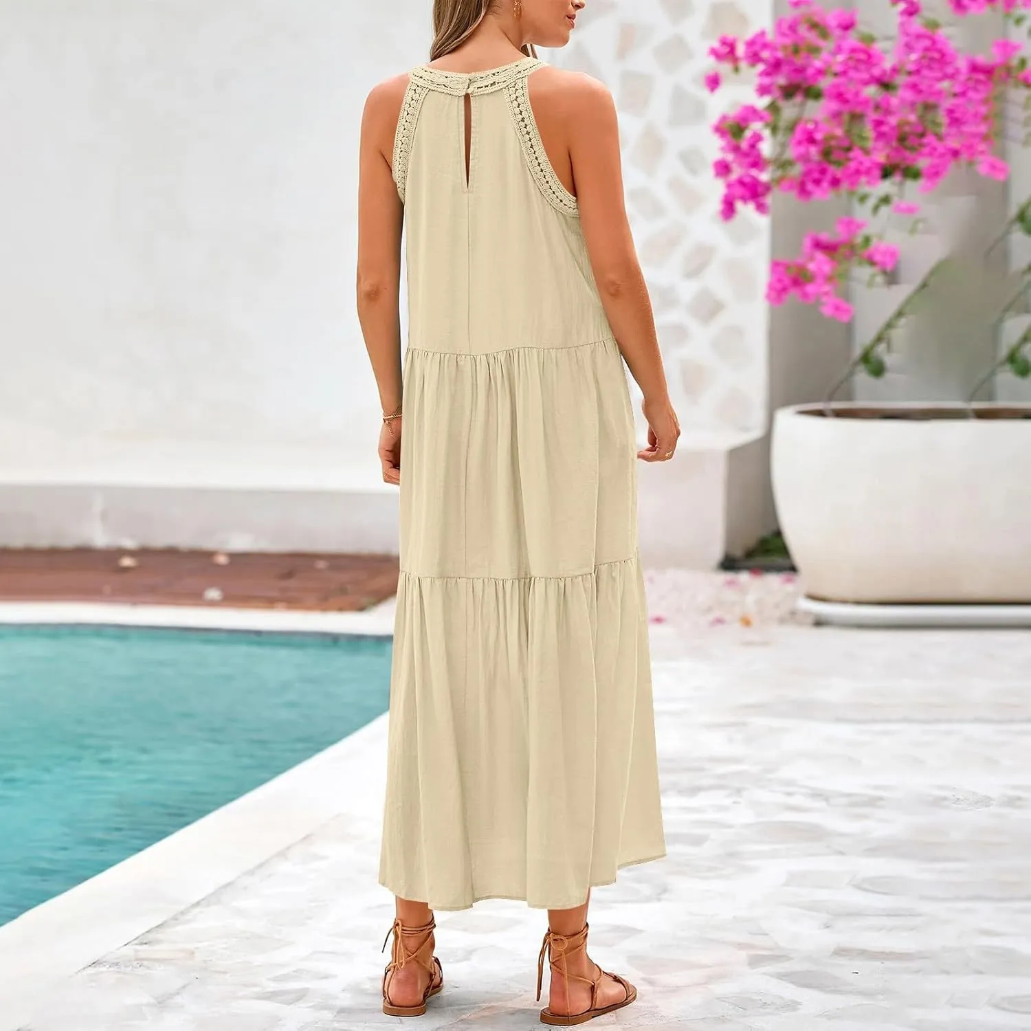 Sundresses for Women 2025 Vacation Boho Sleeveless Maxi Dresses Casual Loose Embroidered Summer Long Dress