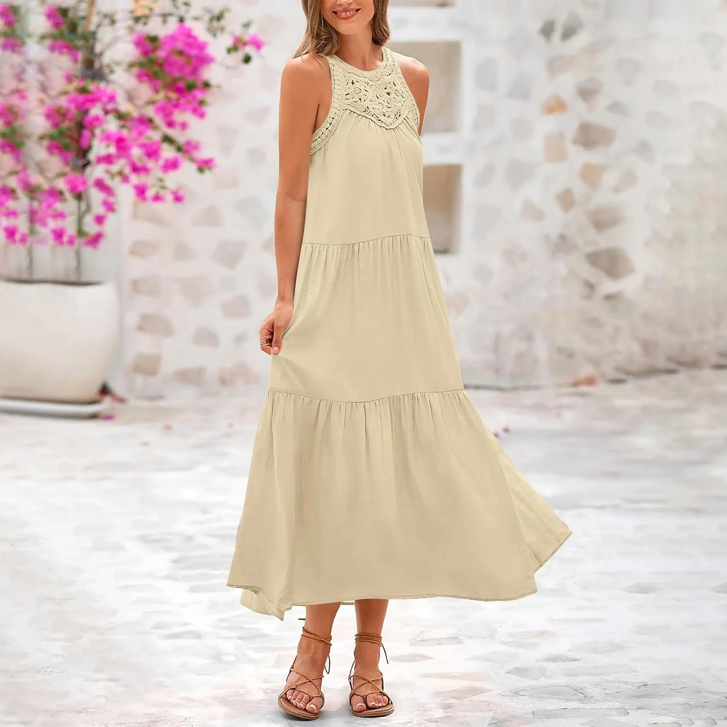 Sundresses for Women 2025 Vacation Boho Sleeveless Maxi Dresses Casual Loose Embroidered Summer Long Dress