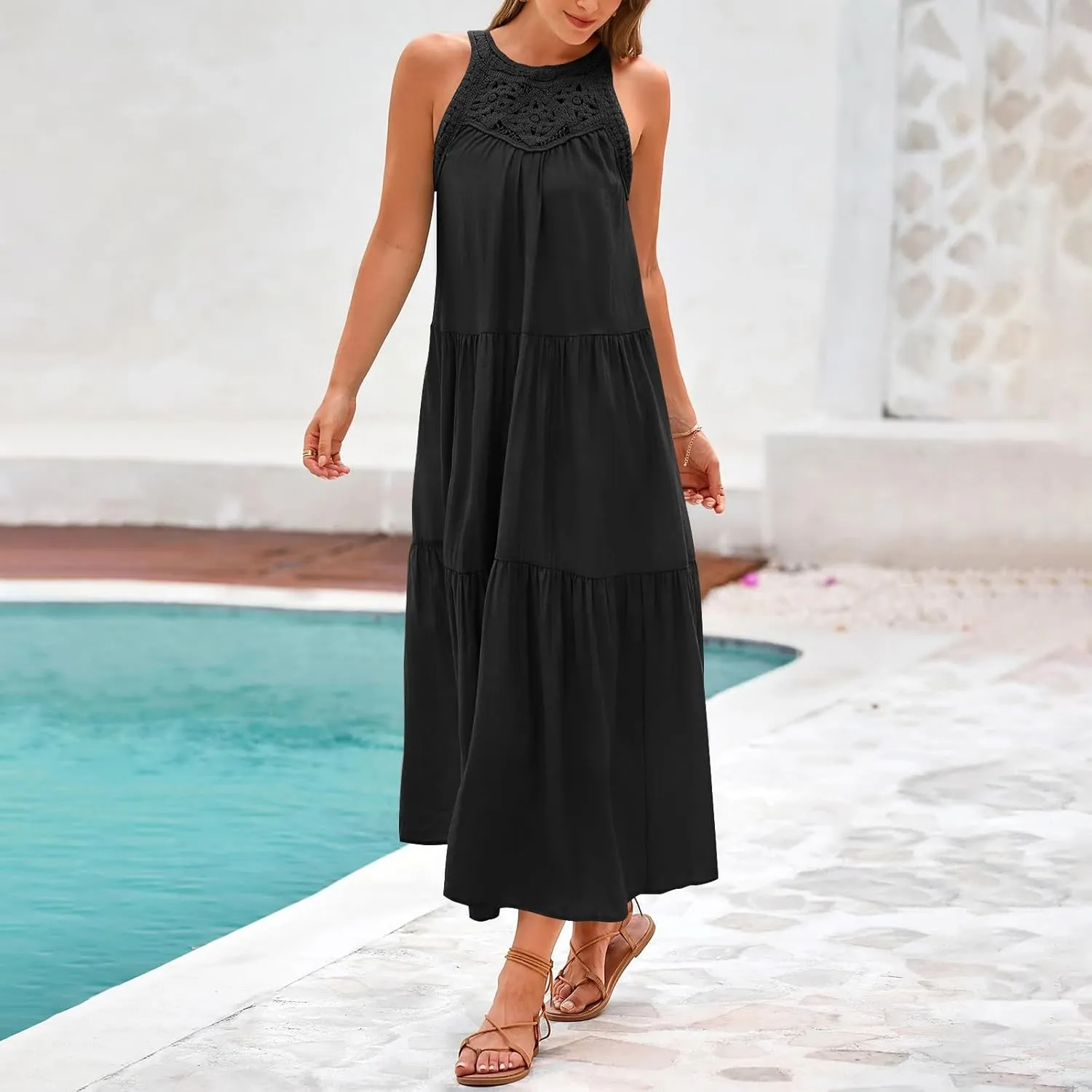 Sundresses for Women 2025 Vacation Boho Sleeveless Maxi Dresses Casual Loose Embroidered Summer Long Dress