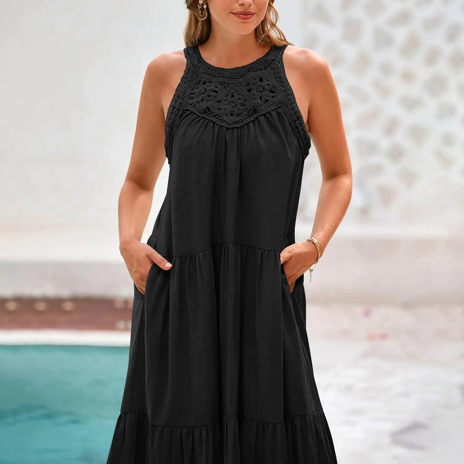 Sundresses for Women 2025 Vacation Boho Sleeveless Maxi Dresses Casual Loose Embroidered Summer Long Dress