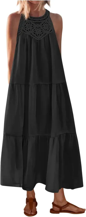 Sundresses for Women 2025 Vacation Boho Sleeveless Maxi Dresses Casual Loose Embroidered Summer Long Dress