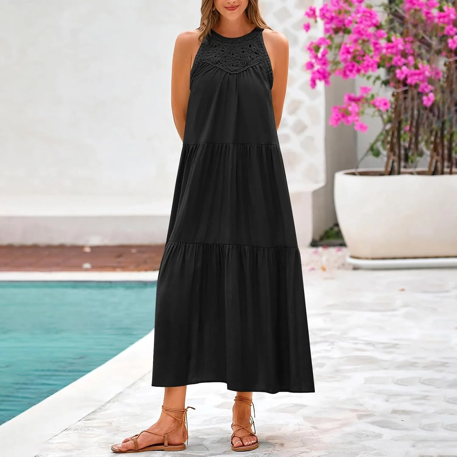 Sundresses for Women 2025 Vacation Boho Sleeveless Maxi Dresses Casual Loose Embroidered Summer Long Dress