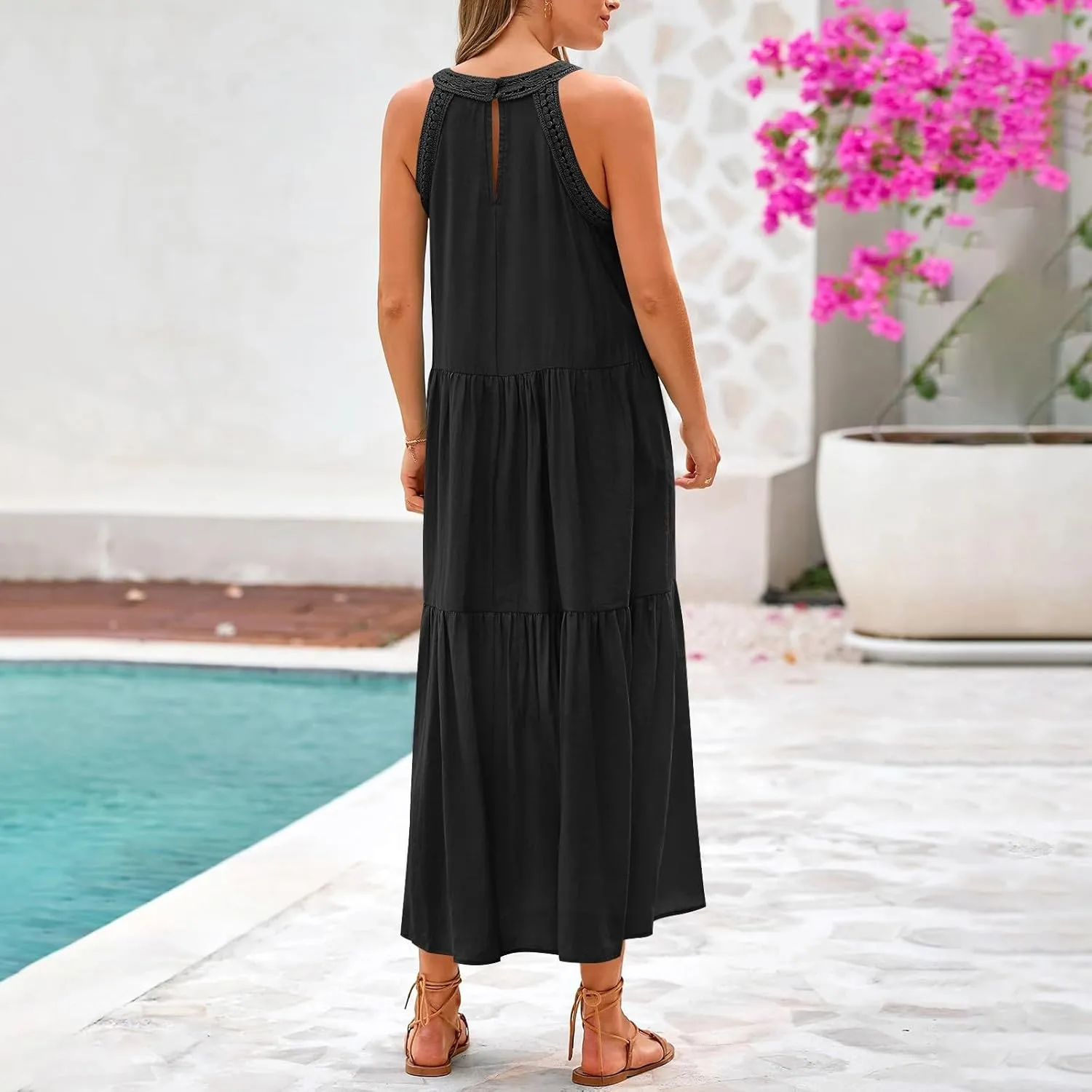 Sundresses for Women 2025 Vacation Boho Sleeveless Maxi Dresses Casual Loose Embroidered Summer Long Dress