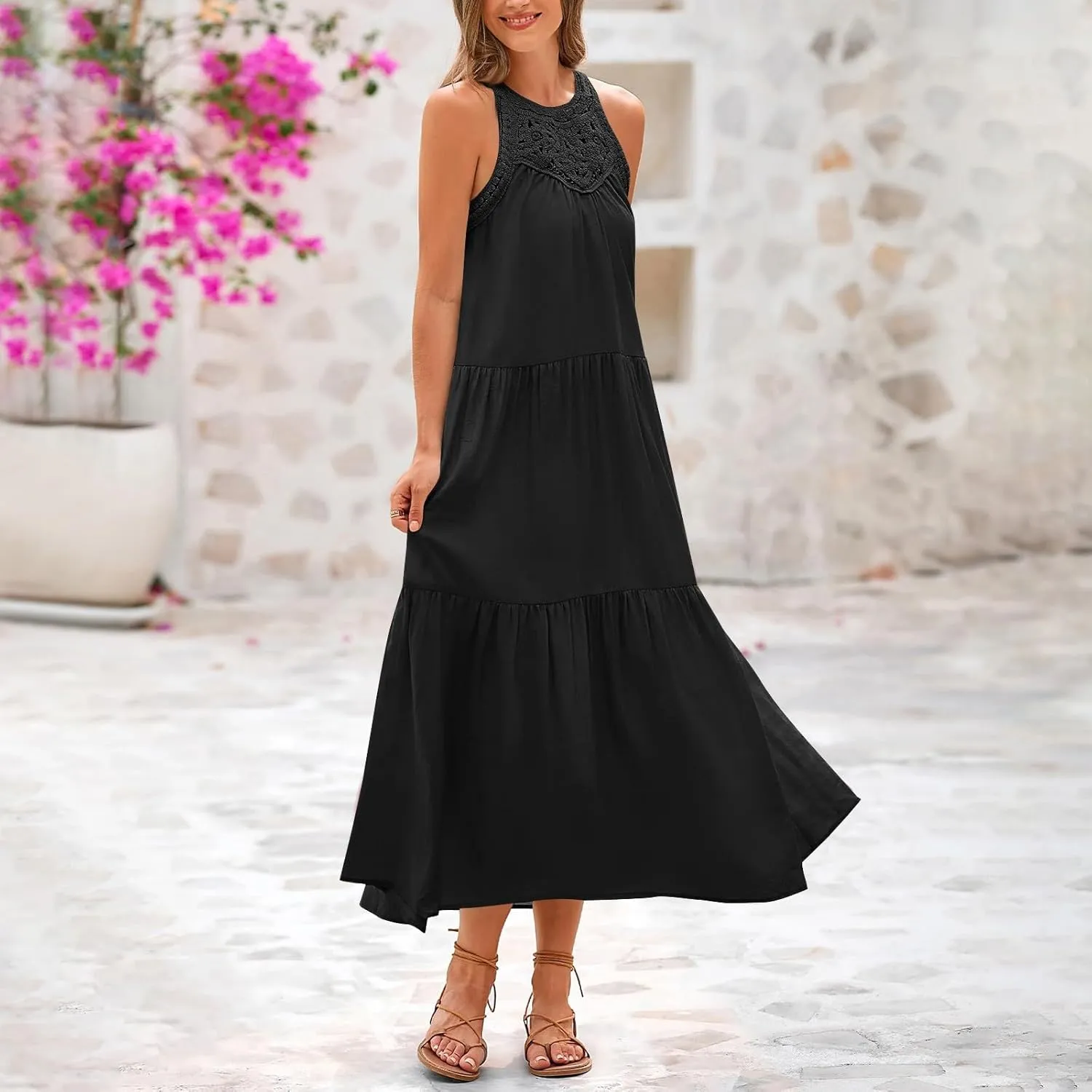 Sundresses for Women 2025 Vacation Boho Sleeveless Maxi Dresses Casual Loose Embroidered Summer Long Dress