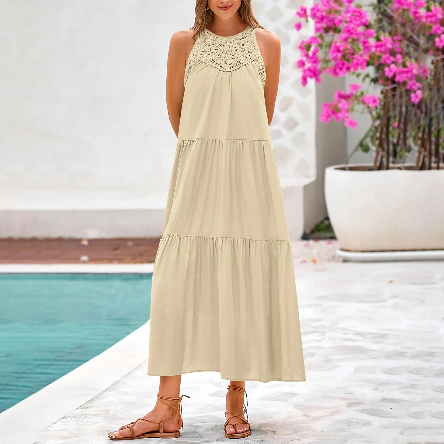 Sundresses for Women 2025 Vacation Boho Sleeveless Maxi Dresses Casual Loose Embroidered Summer Long Dress