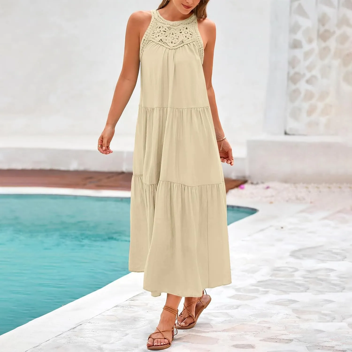 Sundresses for Women 2025 Vacation Boho Sleeveless Maxi Dresses Casual Loose Embroidered Summer Long Dress
