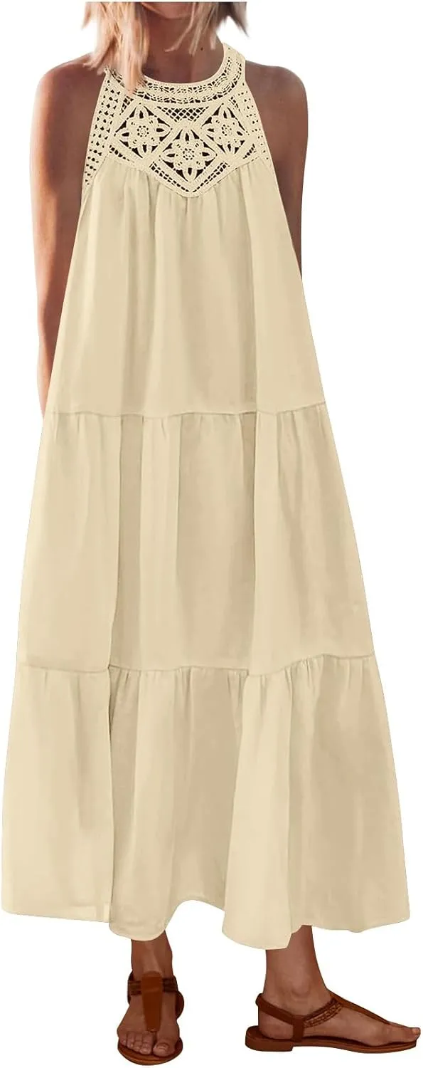 Sundresses for Women 2025 Vacation Boho Sleeveless Maxi Dresses Casual Loose Embroidered Summer Long Dress