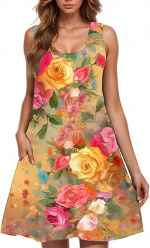 Sundresses for Women 2025 Vacation Floral Beach Tank Dress Cover Up Casual Loose Crewneck Sleeveless Summer Dress