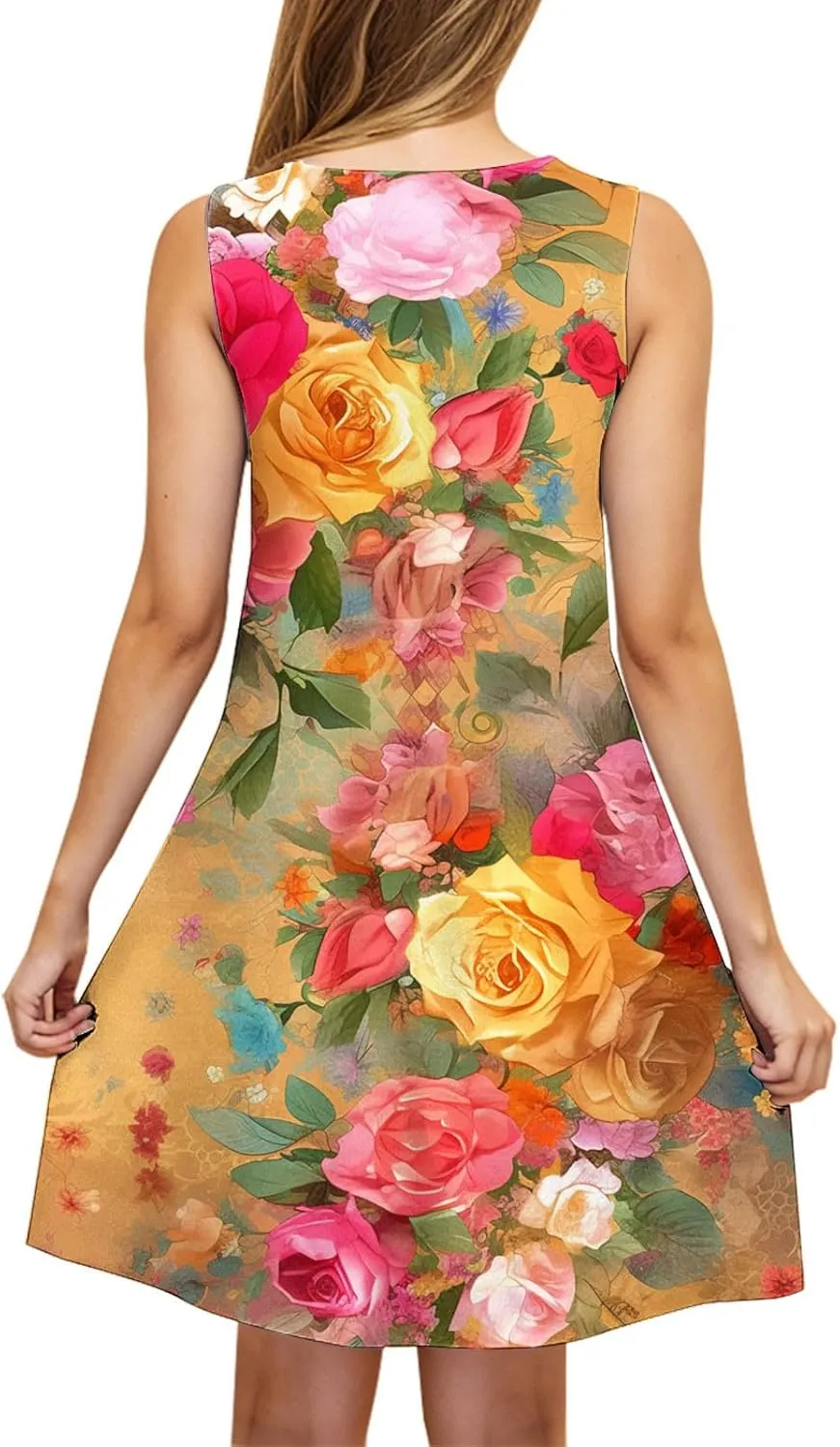 Sundresses for Women 2025 Vacation Floral Beach Tank Dress Cover Up Casual Loose Crewneck Sleeveless Summer Dress