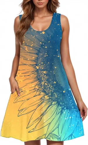 Sundresses for Women 2025 Vacation Floral Beach Tank Dress Cover Up Casual Loose Crewneck Sleeveless Summer Dress