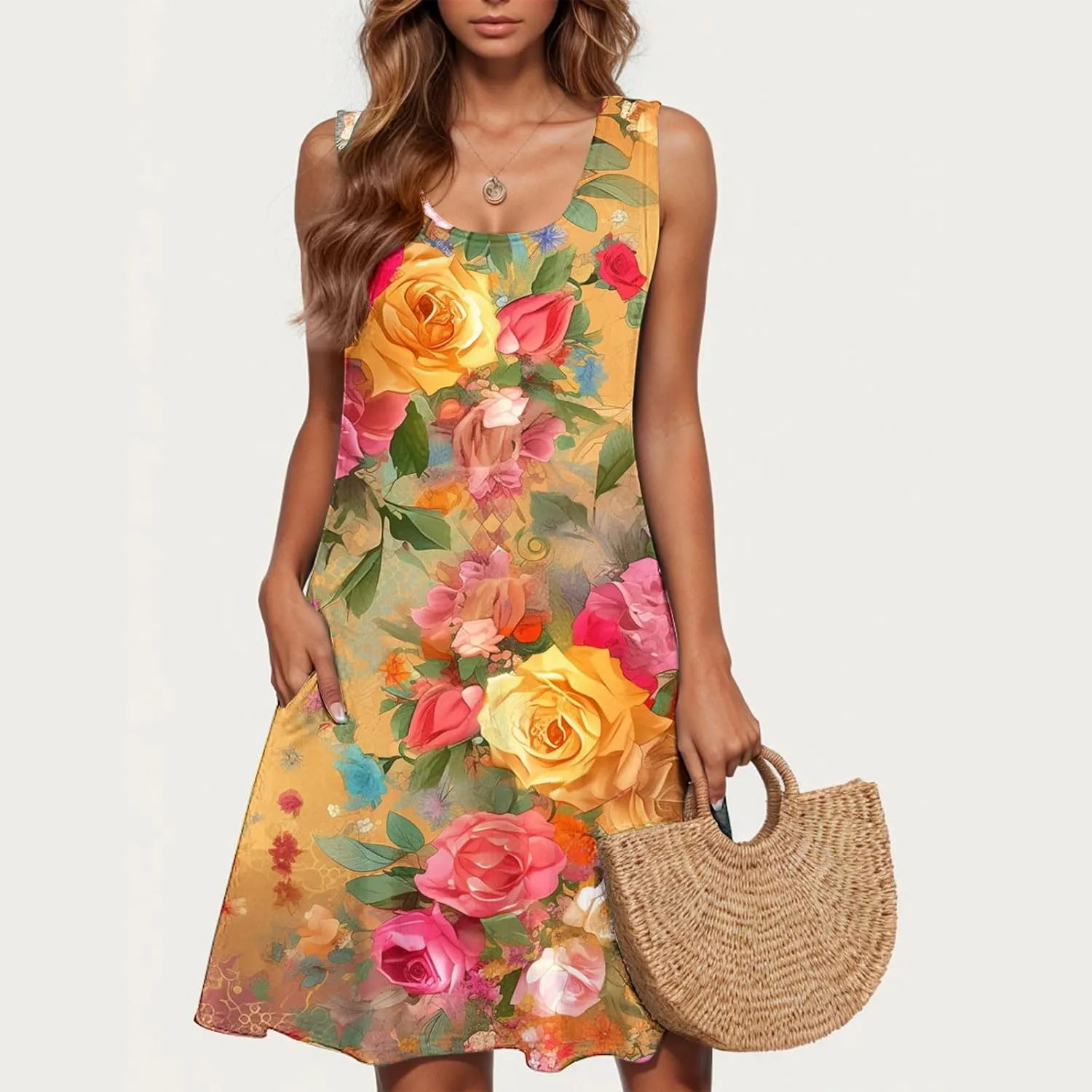 Sundresses for Women 2025 Vacation Floral Beach Tank Dress Cover Up Casual Loose Crewneck Sleeveless Summer Dress