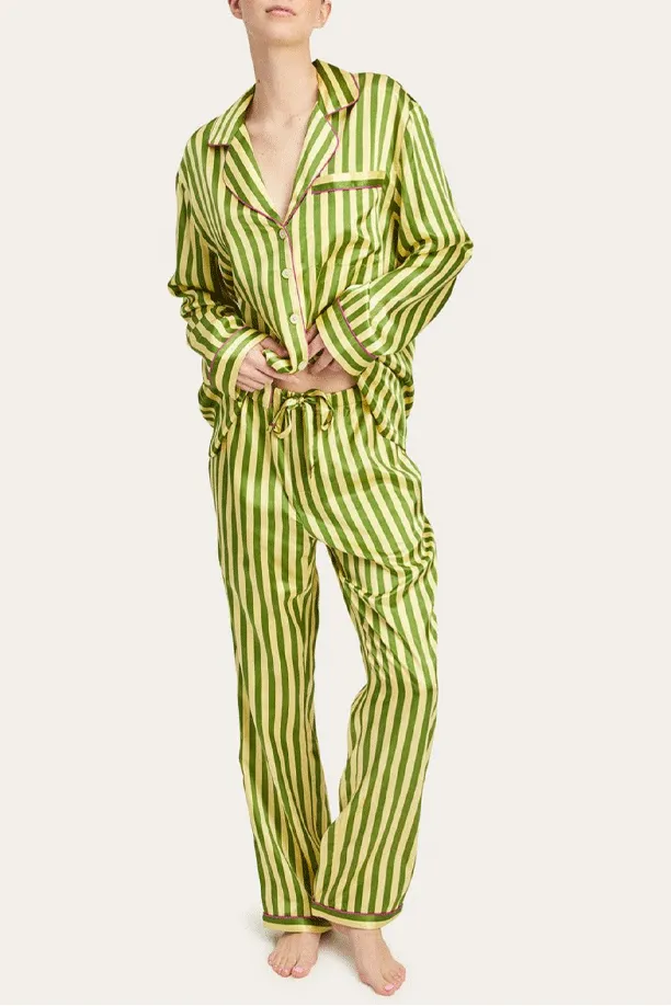Vintage Green Striped Long Sleeve Pajama Set