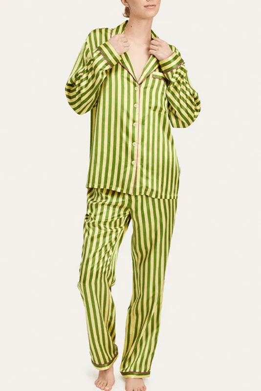 Vintage Green Striped Long Sleeve Pajama Set