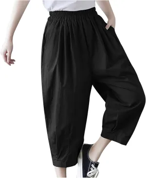 Women Cotton Linen Trousers Loose Capri Pants 3/4 Length Trouser Cropped Pant Breathable Wide Leg Capris with Pockets
