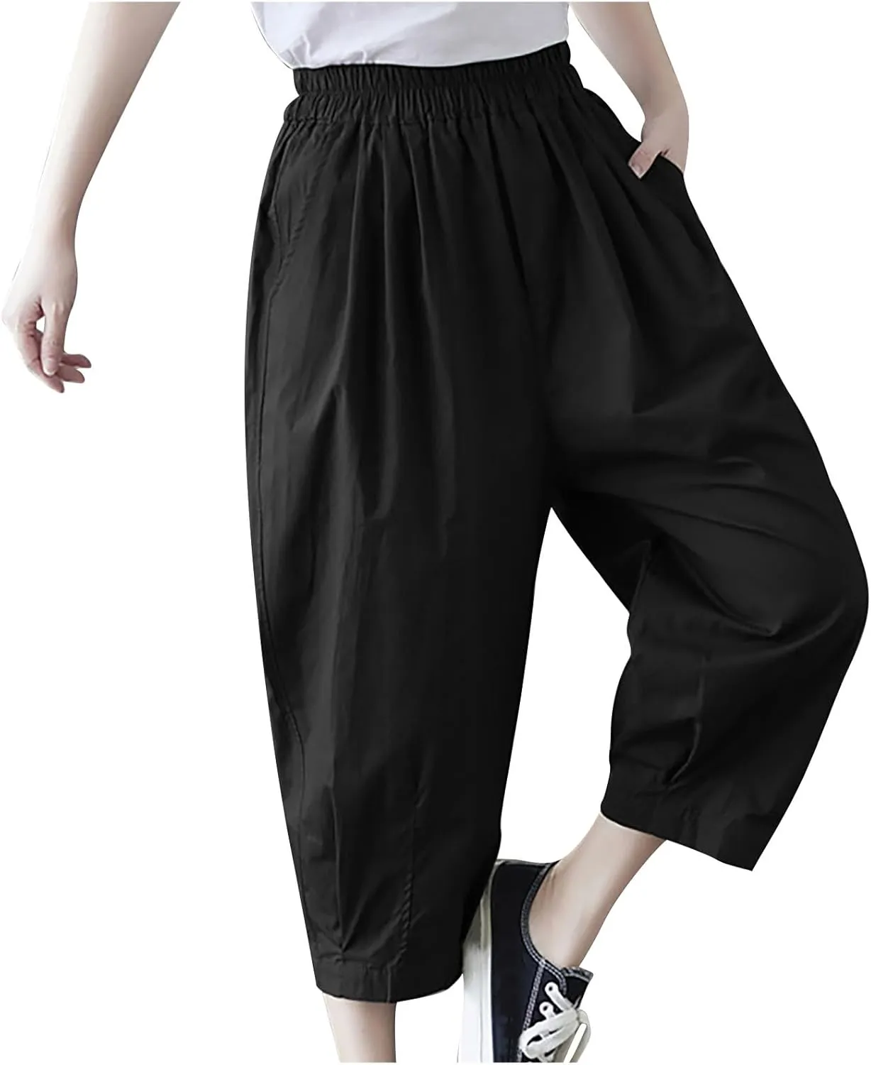 Women Cotton Linen Trousers Loose Capri Pants 3/4 Length Trouser Cropped Pant Breathable Wide Leg Capris with Pockets